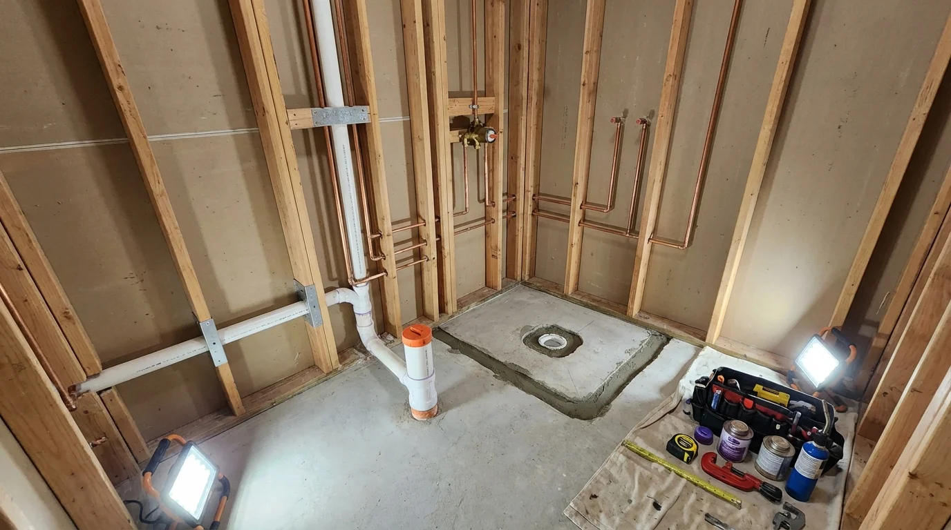 Bathroom rough-in plumbing during remodel by Johns Plumbing LLC in Carlinville