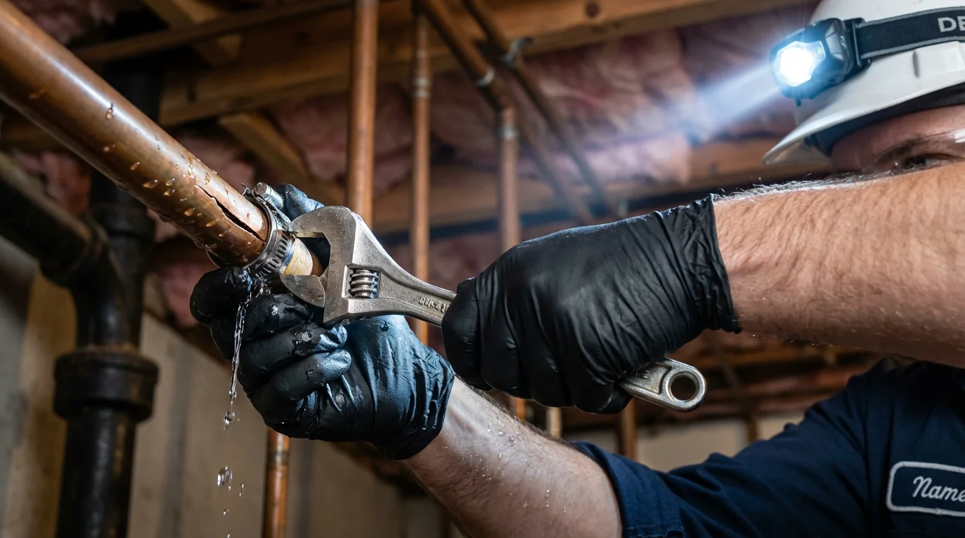 Emergency pipe clamp repair being performed by a Johns Plumbing LLC plumber in Carlinville