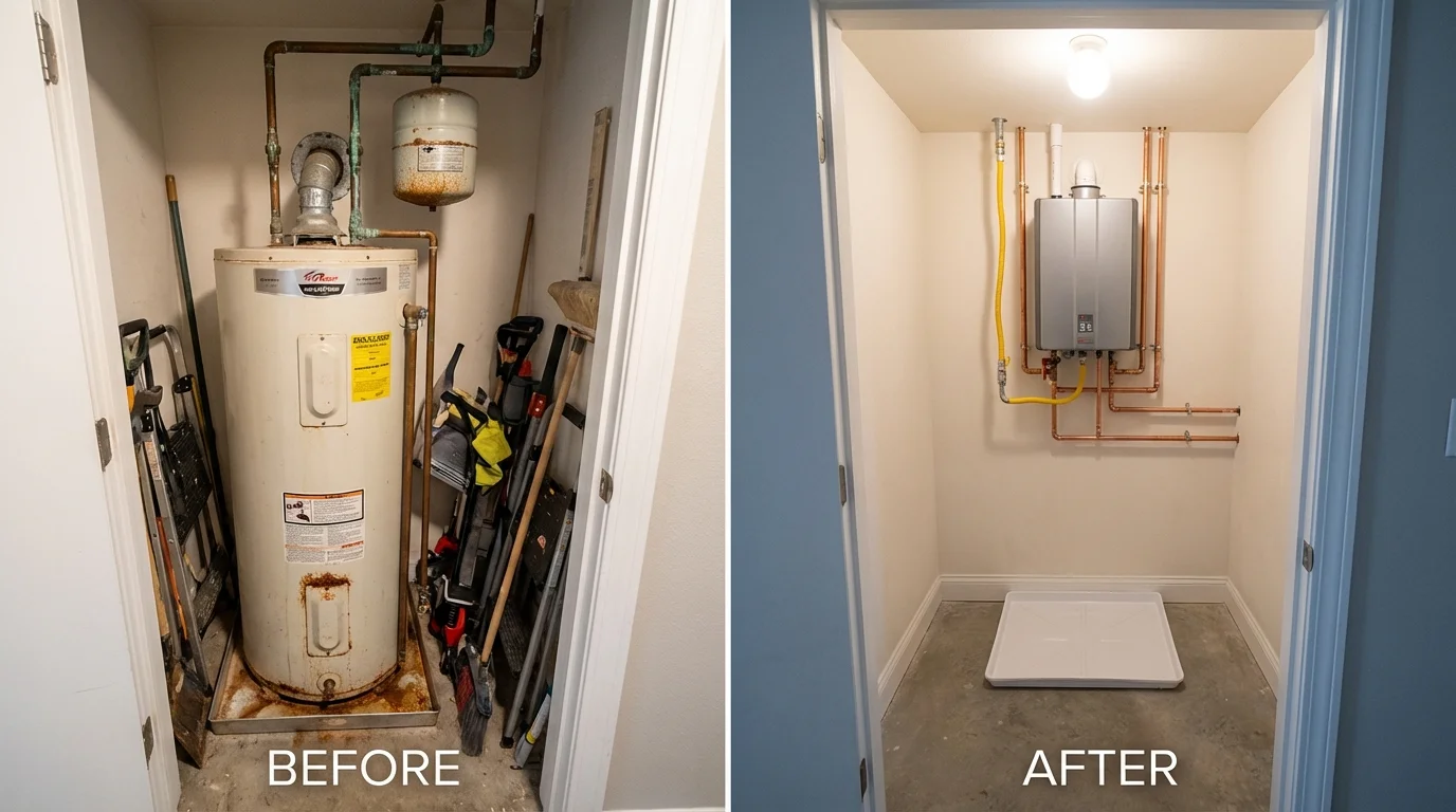 Tank water heater versus wall-mounted tankless unit comparison for Carlinville, IL homeowners
