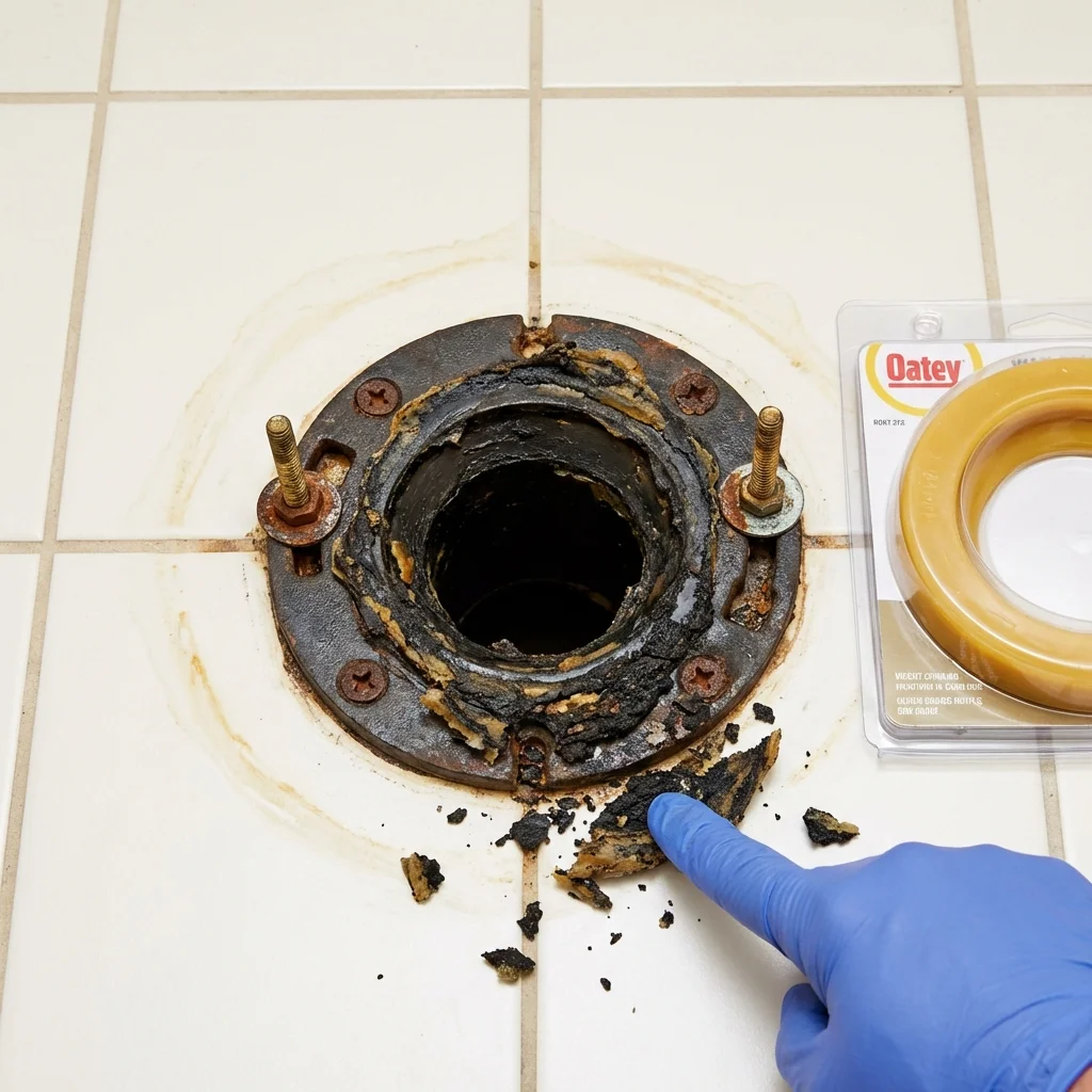 Failed wax ring showing water seepage at the base of a toilet in a Carlinville, IL home
