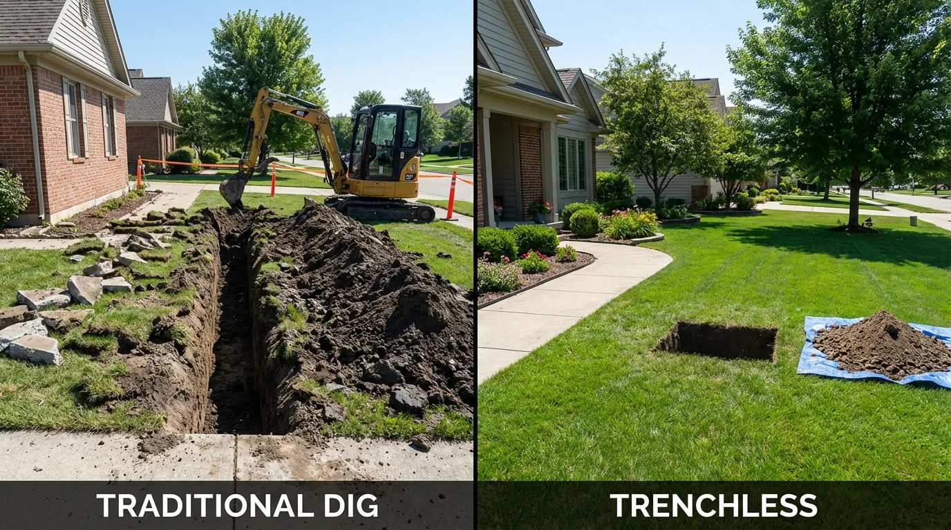 Trenchless sewer repair with minimal yard damage versus traditional excavation in Carlinville, IL