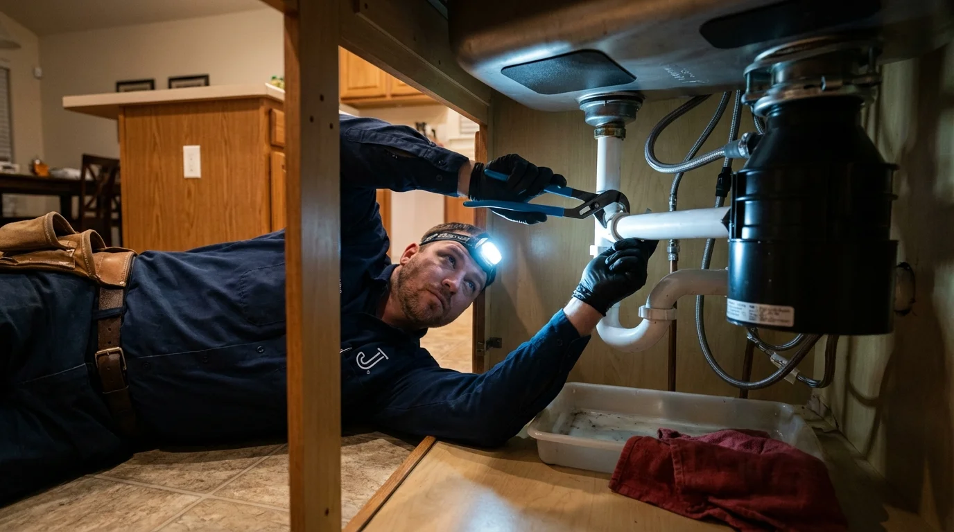 P-trap and supply line connections under a kitchen sink showing a common leak point in Carlinville, IL